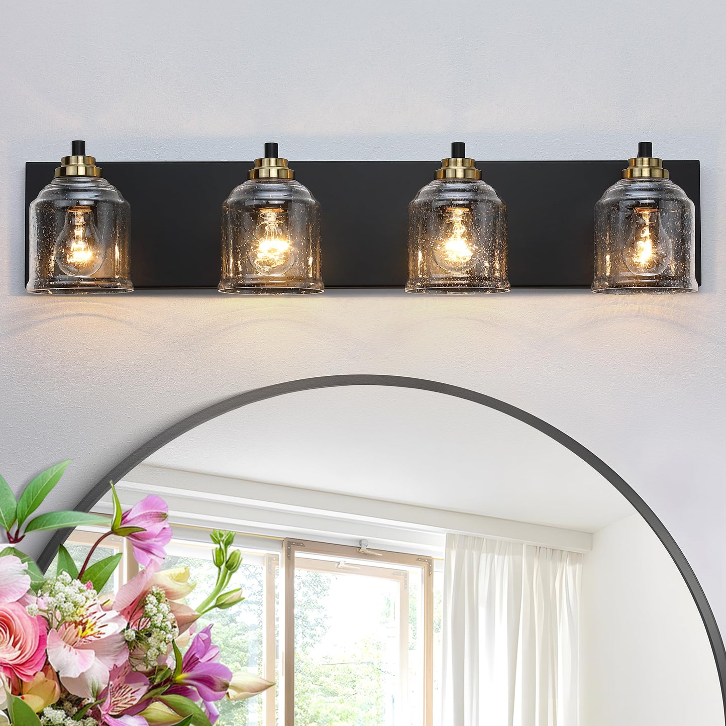 YKLITG 4-Light Bathroom Vanity Light, Black & Gold Metal with Bubble Glass Shades, Rustic Sconce, Model BD005-4-BG