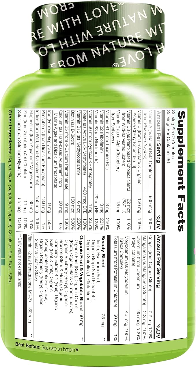 NATURELO Whole Food Beauty Multivitamin, 60 Count Collagen Peptide Powder, 45 Servings