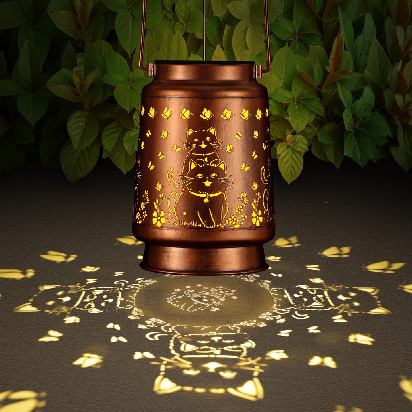Solar Lantern Outdoor Hanging Waterproof Outside Metal Openwork Hummingbird Pattern Birthday Gifts For Women Mom Landscape Lights For Porch Garden Yard Patio Pathway Decor(Cat)