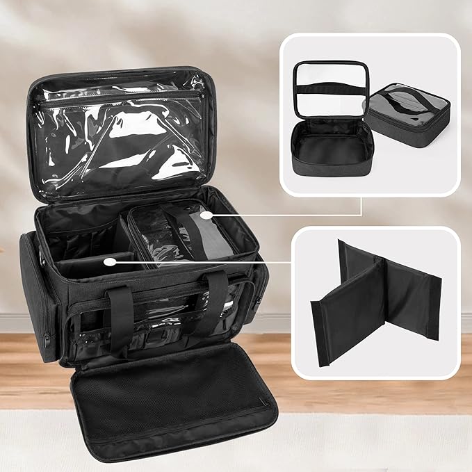 BAFASO Large Makeup Bag with 2 Removable Pouches and Detachable Dividers, Multifunctional Cosmetic Bag to Keep Makeup and Hair Supplies (Patent Pending), Black