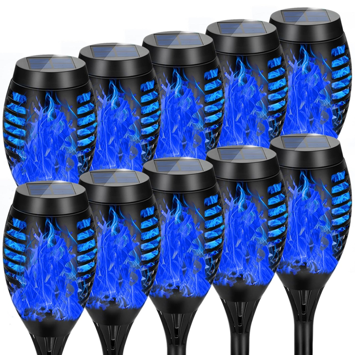 AOUNQ Solar Torch Lights, 10 Pack Blue Flickering Flame, Waterproof Outdoor Garden Decor, Model c34aaa17-3634-44fd-891a-3ebb0e47410