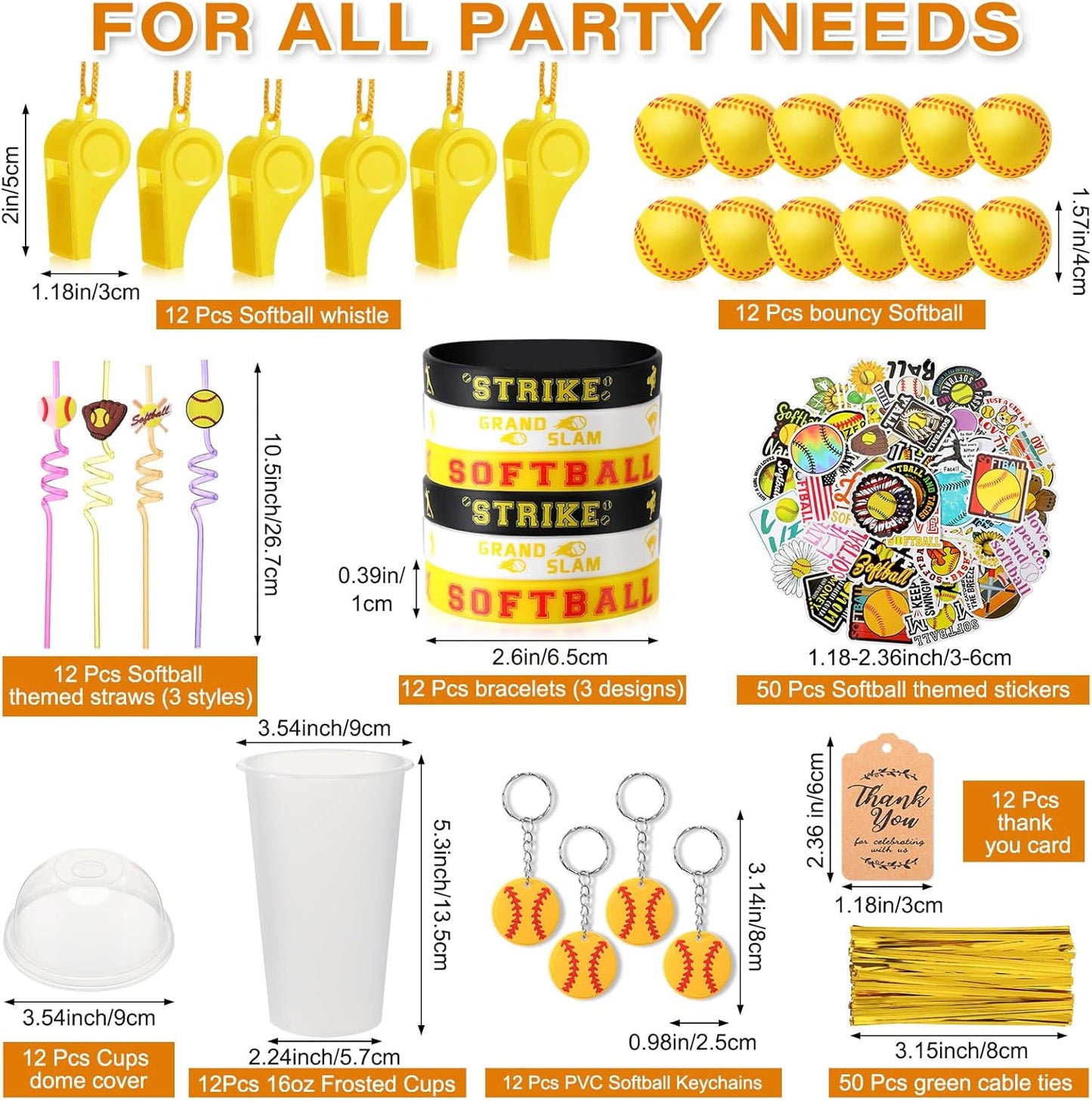 Weysat 184 Pcs Softball Party Favors Party Supplies with Cup Straw Stress Ball Keychain Sticker Bracelet Whistle Thank You Tags for Birthday Decorations (Softball)