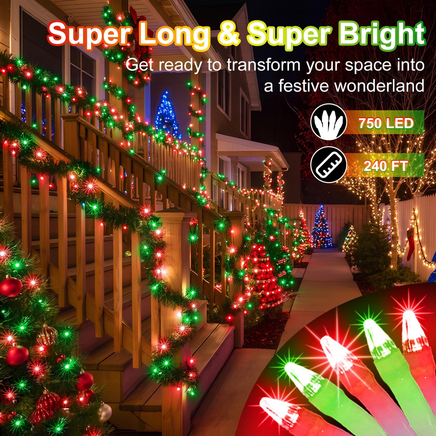 750 Led 240Ft Christmas String Lights Outdoor  12 Pro Modes And Timer Memory & Brightness  Plug In Outdoor Waterproof Clear Wire Twinkle Light For For Xmas Yard Tree Wedding Party Decor (Red & Green)
