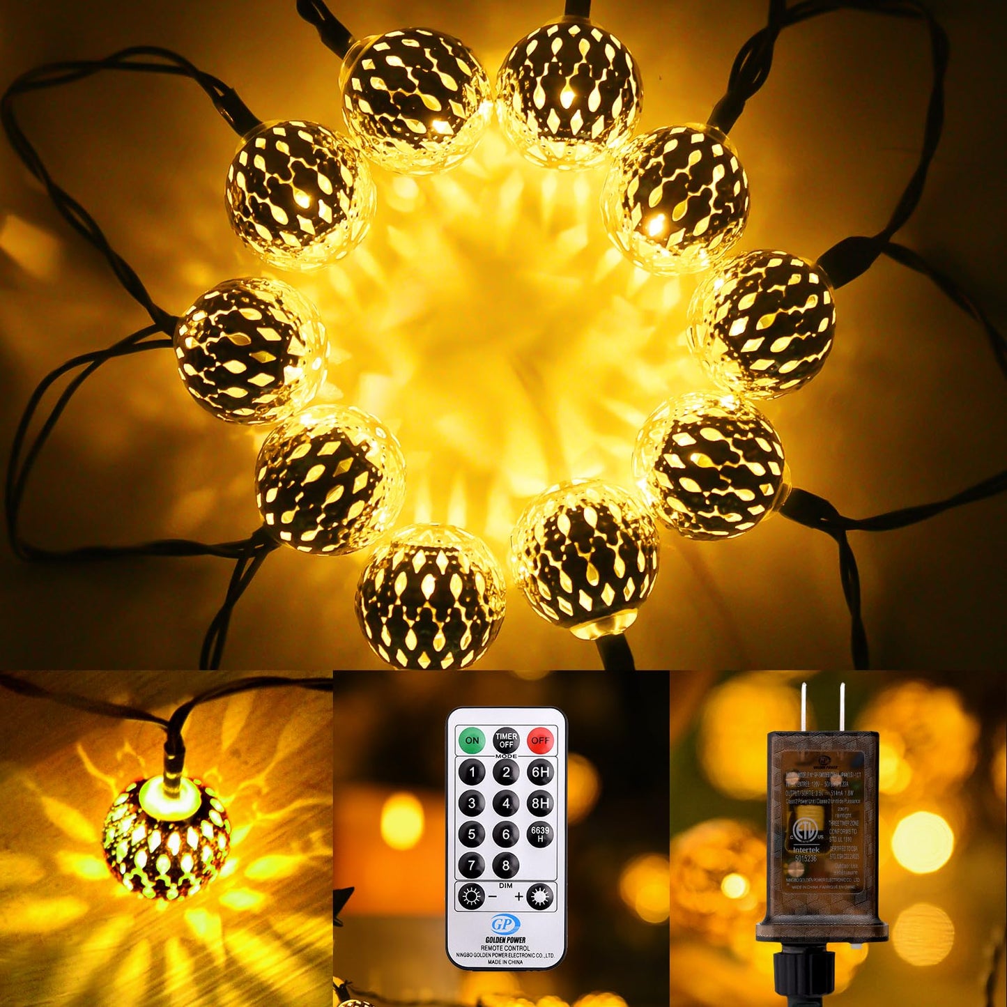 Lightique Moroccan String Lights - 60 Led, 29Ft, Waterproof, 8 Modes, Remote Control, Warm White, Decorative Globe For Indoor/Outdoor Use