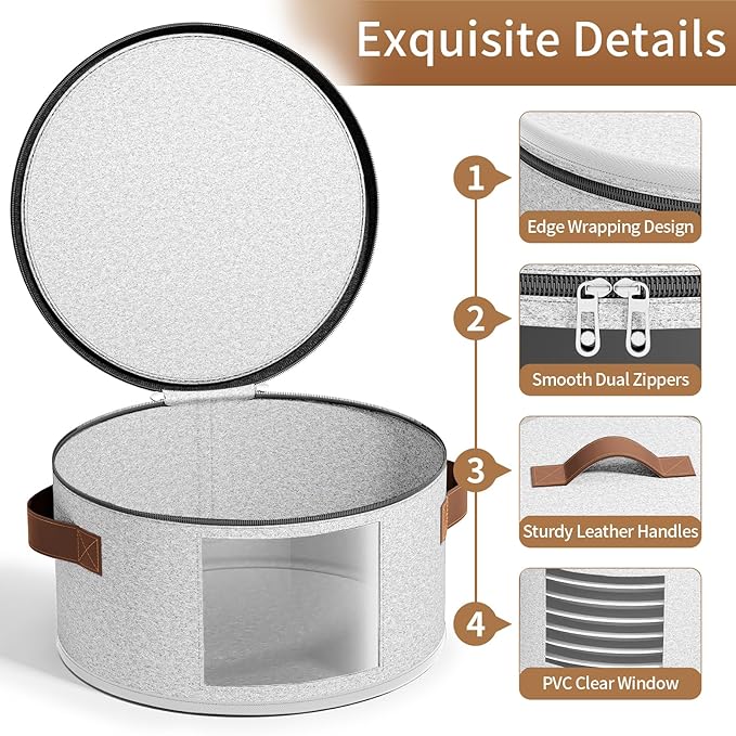 4 Piece Stemware Storage Containers, China Storage Containers with Clear Windows, Hard Shell Dish Storage with Handles for Dishes, Dinnerware, Plates, Light Gray
