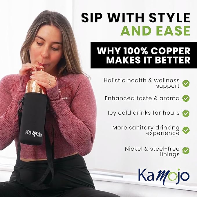 Copper Water Bottle for Drinking - Hammered Pure Copper Water Bottle with Leak Proof Lid, Removable Insulating Sleeve & Copper Straw - Handcrafted Copper Bottle for Men & Women 32 fl oz