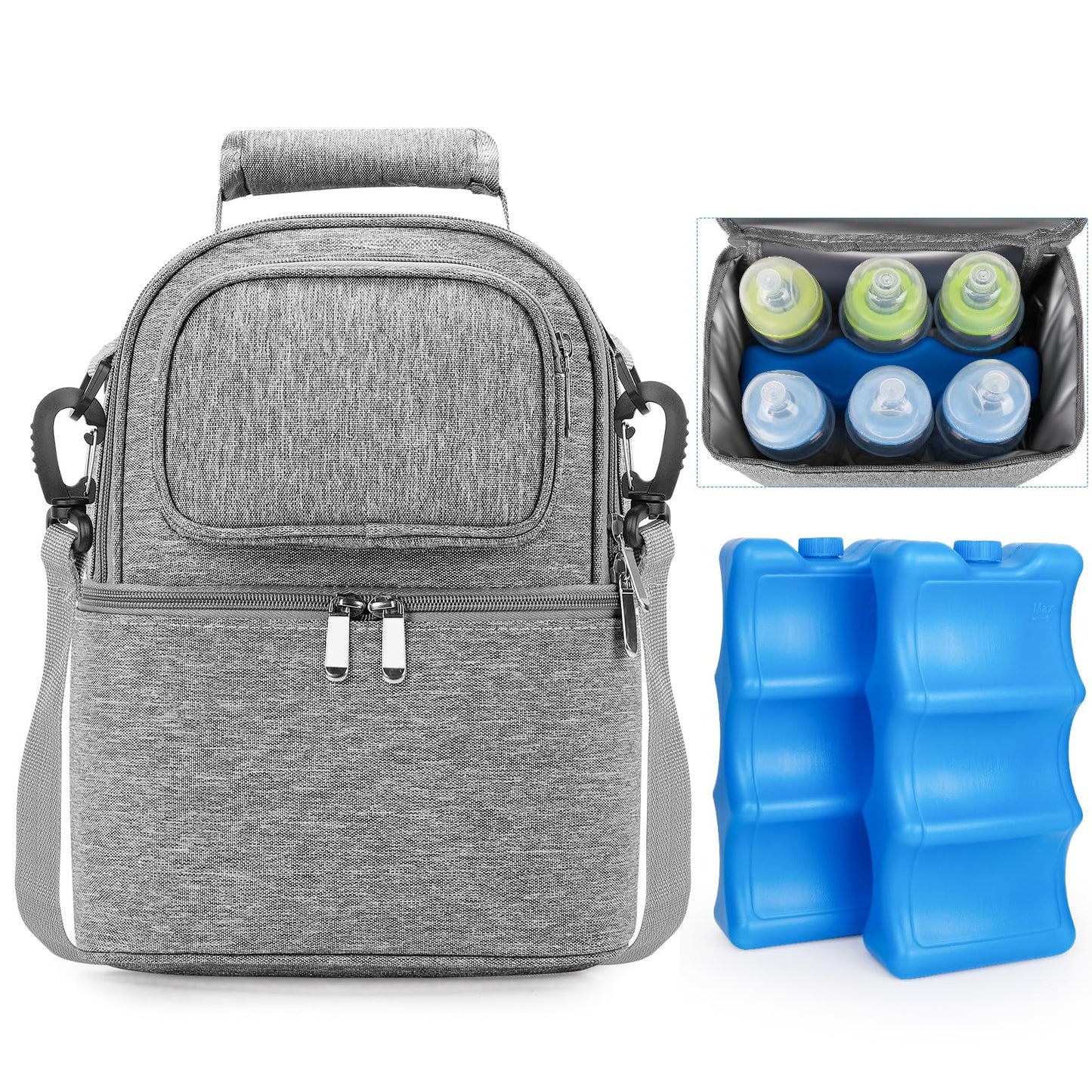 Breastmilk Cooler Bag with Ice Pack, Double Deck Breast Milk Storage for Breastfeeding, Nursing, Daycare, Insulated Lunch Bag with Strap