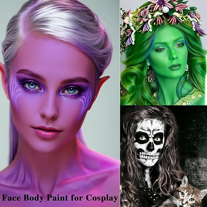 MEICOLY 3PCS Black Purple Lime Green Face Body Paint Stick Set,Face Paint for Halloween Wicked Witch,Frankenstein,Ghost,Zombie SFX Character Makeup,Elphaba Face Paint Makeup,Eye Black Stick Kit