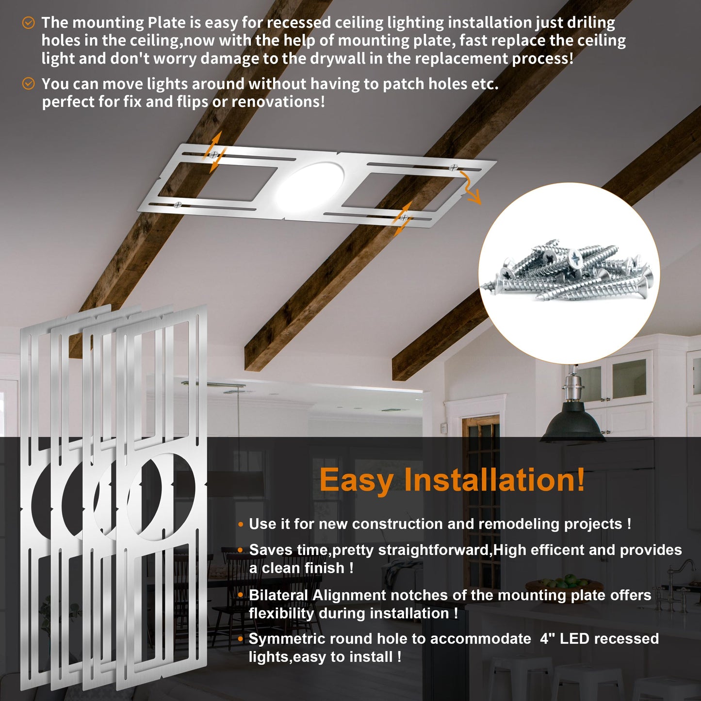 New Construction Mounting Plate  4 Inch  Led Recessed Lighting Housing Kits  Flat Steel Rough In Bracket Fixture For Led Light Bar  12Pc Shallow Recessed Lighting Housing Plate