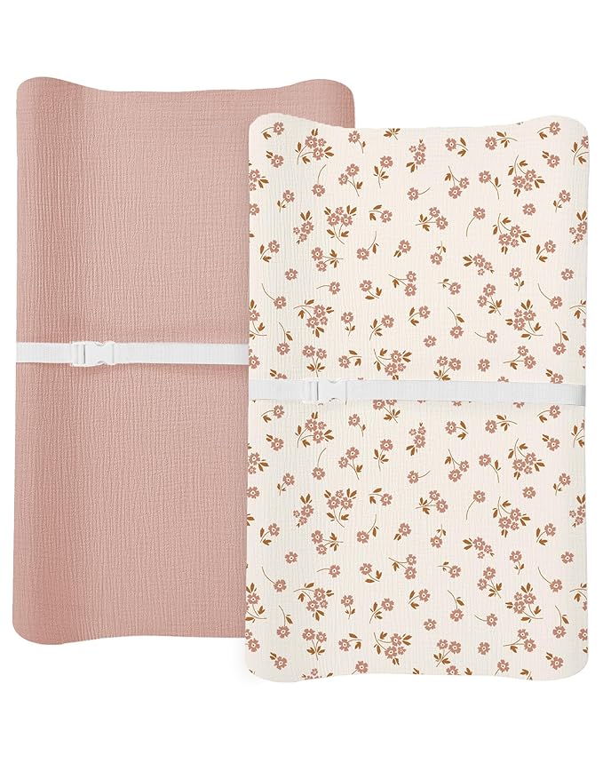 Changing Pad Cover for Baby Boy Girl 2 Pack, Muslin Changing Table Pad Covers with Boho Style, Neutral Nursery Bedding Essentials Soft and Breathable (Floral & Pink)