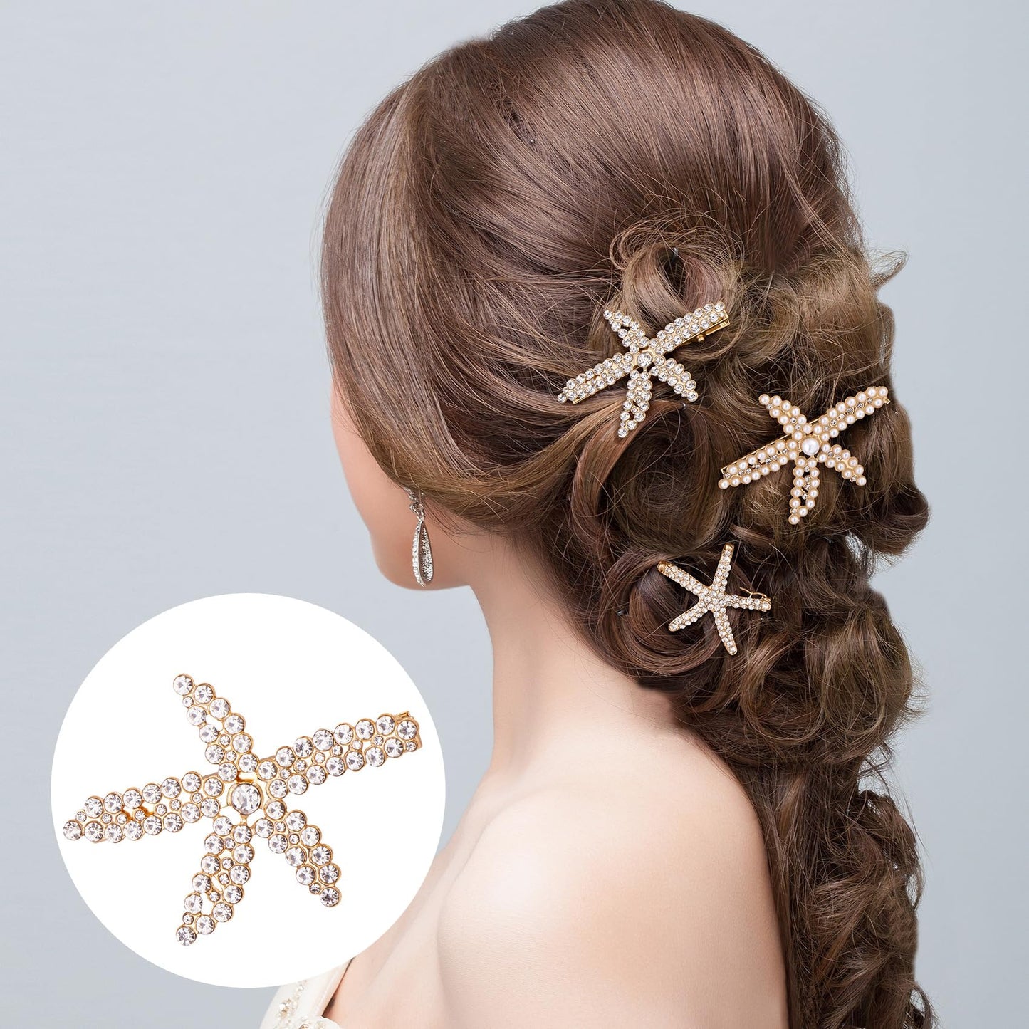 PAGOW 3 PCS Starfish Hair Clips, Gold Pearls Rhinestone Hair Clips, Crystal Sea Star Ponytail Holder, Faux Pearl Crystal Wedding
