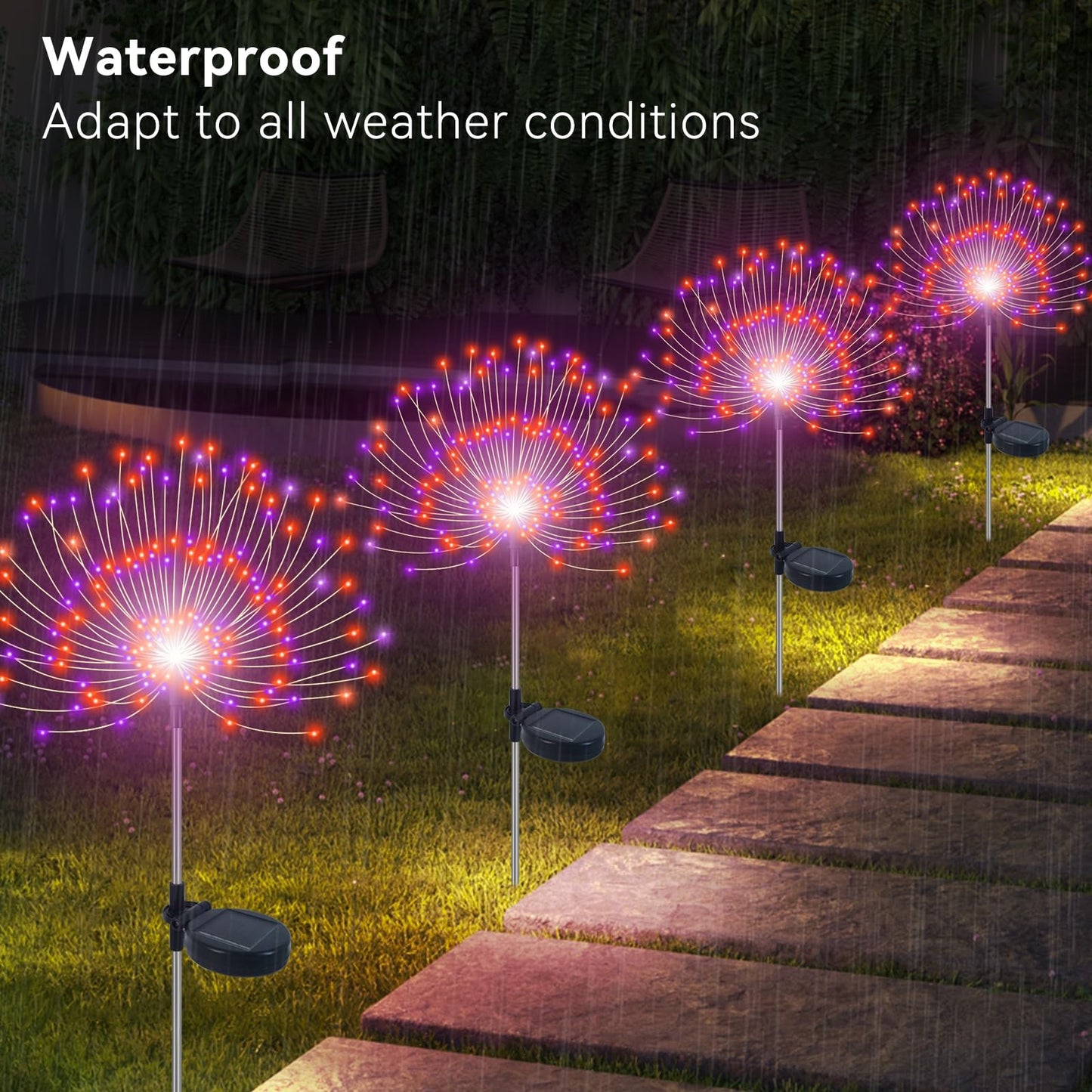 Slyuexu Solar Firework Lights, 120 LED Waterproof Outdoor Garden D?or, 2 Pack, Purple + Orange, Model YF00016