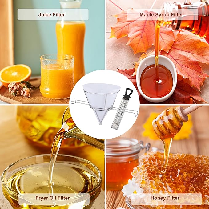 Maple Syrup Cone Filter Holder Stand with Thermometer, Stainless Steel Filter Strainer with 20pcs Cone Filter Paper & Folding Arms for Maple Syrup Making and Filtration of Cooking Oil, Kitchen