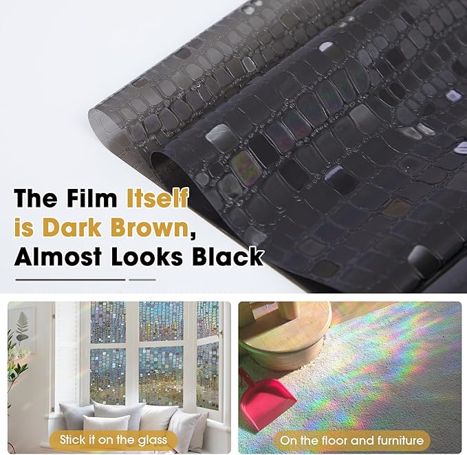 Windimiley Rainbow Window Privacy Film, 3D Stained Glass Christmas Decorative Window Clings, UV Heat Blocking Holographic Prism Stickers for Home (17.5 x 157.5In,Brown)