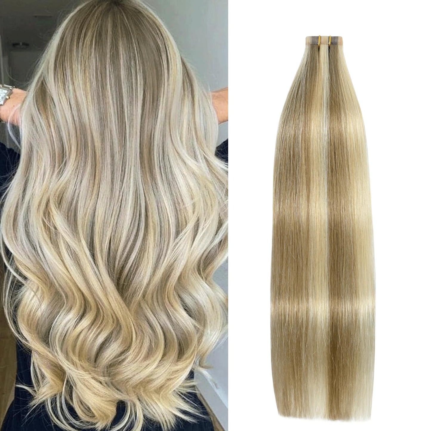 Aison Tape in Hair Extensions Ash Blonde Mixed Bleach Blonde 100% Remy Human Hair Extensions Silky Straight for Women 20 Pcs/Pac