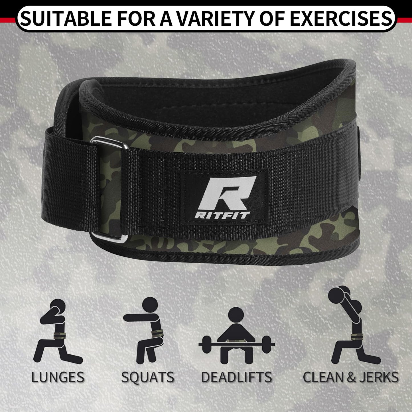 RitFit Self-Locking Weight Lifting Belt Gym Belt Great for Weightlifting, Squats, Lunges, Deadlift, Thrusters Men and Women Lifting Belt- 6 Inch/Camo