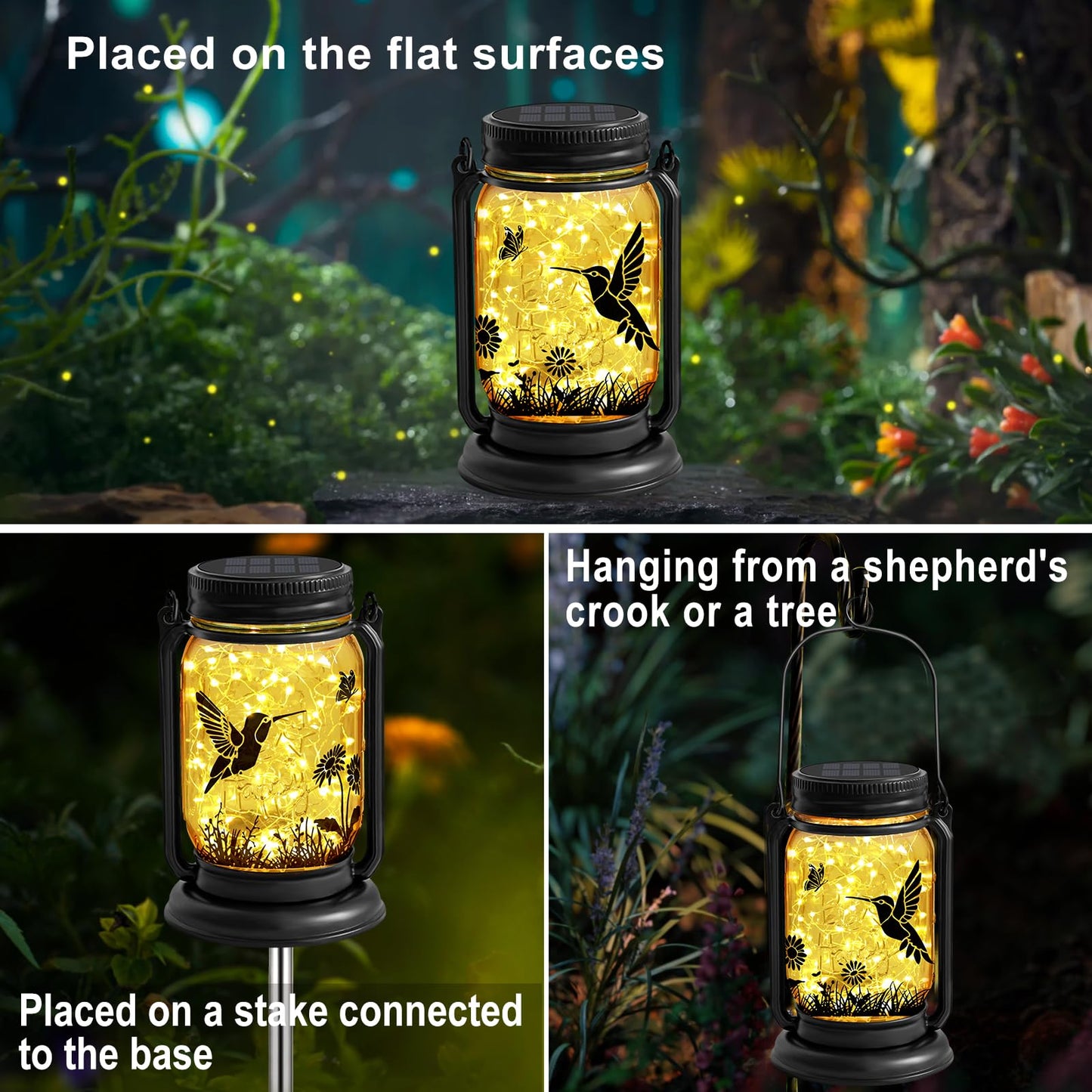YJFWAL Hummingbird Solar Lanterns, 2 Pack, Vintage Glass, Warm White, Waterproof, Garden Lights, Model NEW-Hummingbird fugumeisen-2P