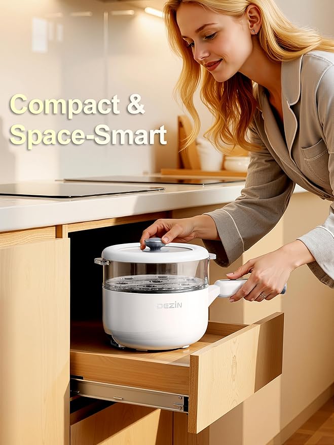 Dezin Electric pot with Steamer, 2L Non-Stick Sauté Pan, 5-in-1 Multifunctional Hot Pot Electric for Steak, Fried Rice, Oatmeal, Soup, Dual Power Control, Portable Pot for Dorm, Office & Small Kitchen