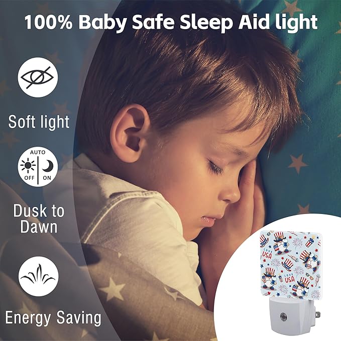 Cute American Patriotic Gnomes Night Light Plug into Wall, USA Flag Love USA Dusk to Dawn Night Light Plug in,0.5w Energy Saving Sleep Friendly NightLight for Kids Boys Girls Home Decor