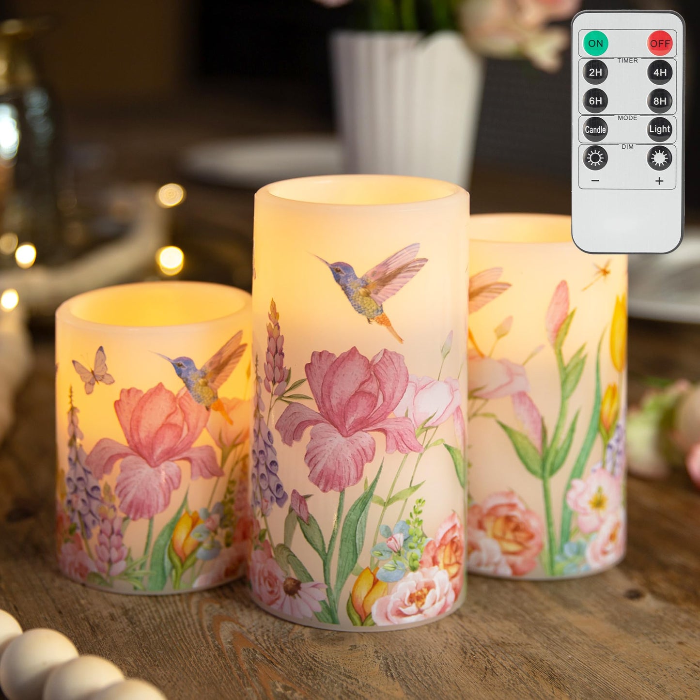 LUSHARBOR Flameless Candles with Remote, Battery Operated Candles Real Wax Hummingbird Flickering LED Candles Floral Christmas Decor Electric Pillar Candles Set of 3