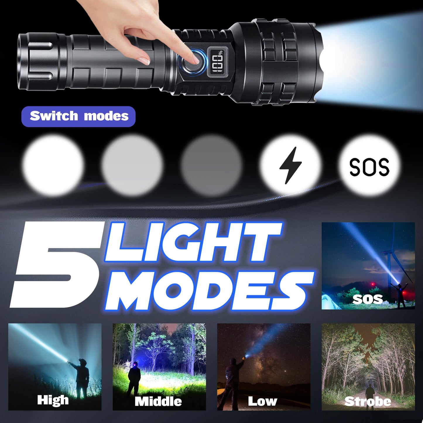 Hmfree Flashlights High Lumens Rechargeable  1000000 Lumens Hight Lumens Super Bright Handheld Led Flash Light Powerful Emergency Linternas  Waterproof  Long Lasting  For Hiking Camping Gift