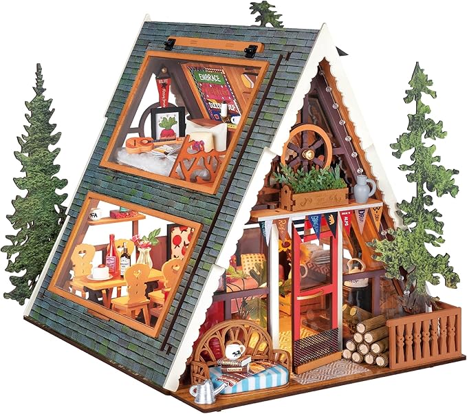 Rolife DIY Miniature House Kit for Adults, Mini Wooden Dollhouse Kit, Tiny House Diorama Building Kits-Birthday Christmas Craft Hobbies Gift for Teens Kids (A-Frame Cabin)