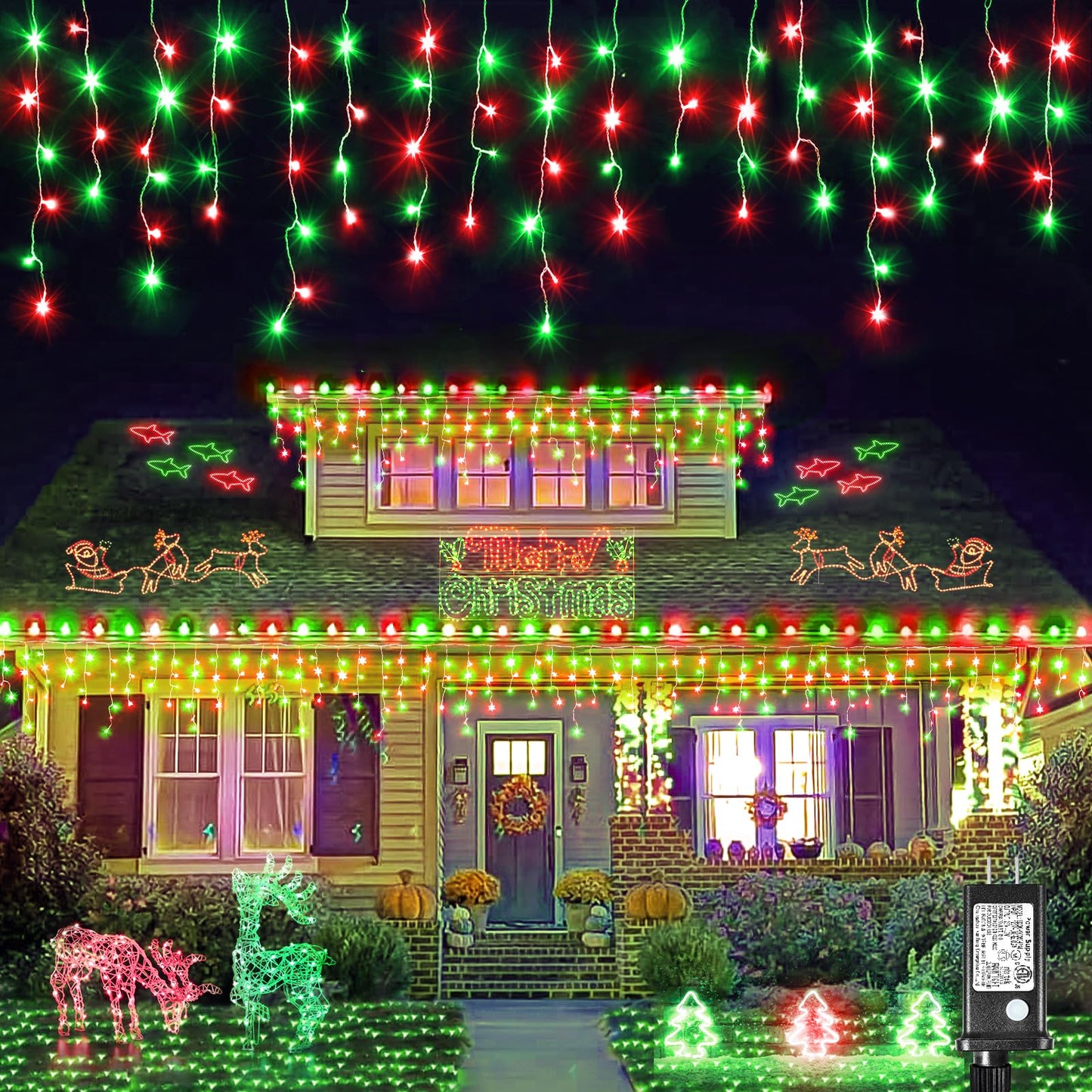 Einiiya Icicle Lights - 66ft 640 LED Red & Green Christmas Lights, Waterproof, 8 Modes, Model BG-CL3M3-306L01