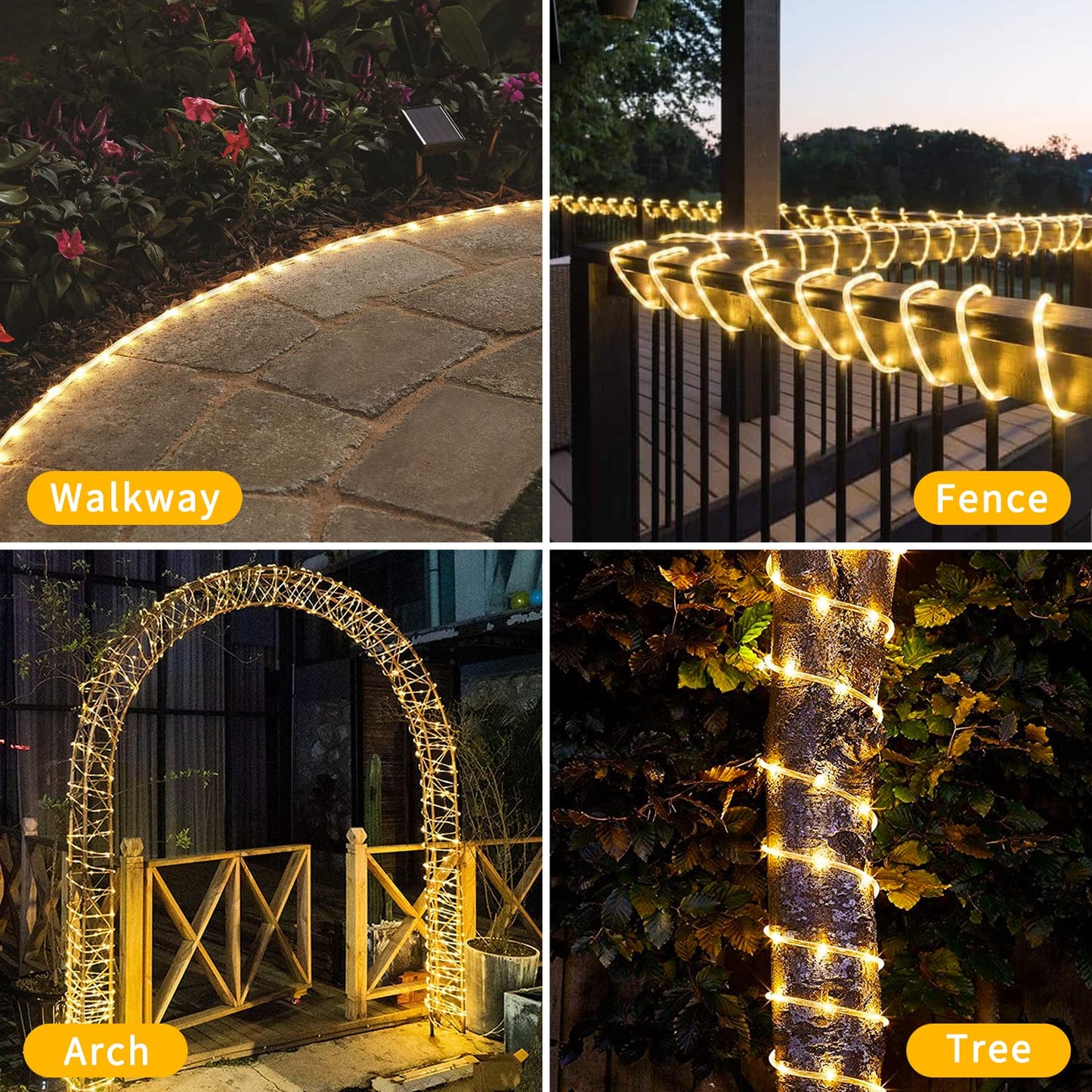 POTIVE Solar Rope Lights, 66Ft, 200 LED, Warm White, Waterproof, 8 Modes for Outdoor Decor