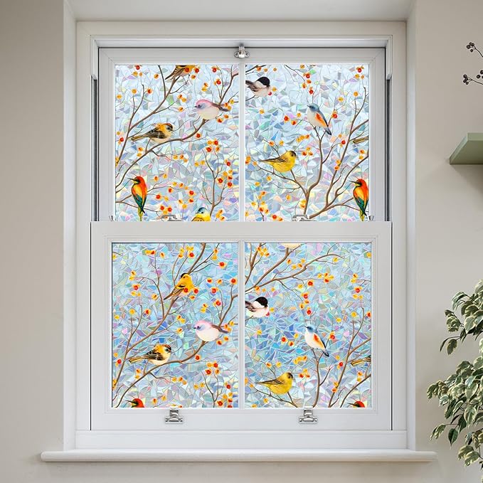 DKTIE Country Rustic Window Privacy Film Rainbow Film Decorative Window Sticker, UV2 Static Stained Glass Cling Tint for Home Heat Control Non-Adhesive (S3533, 35.4in X 78.7in)