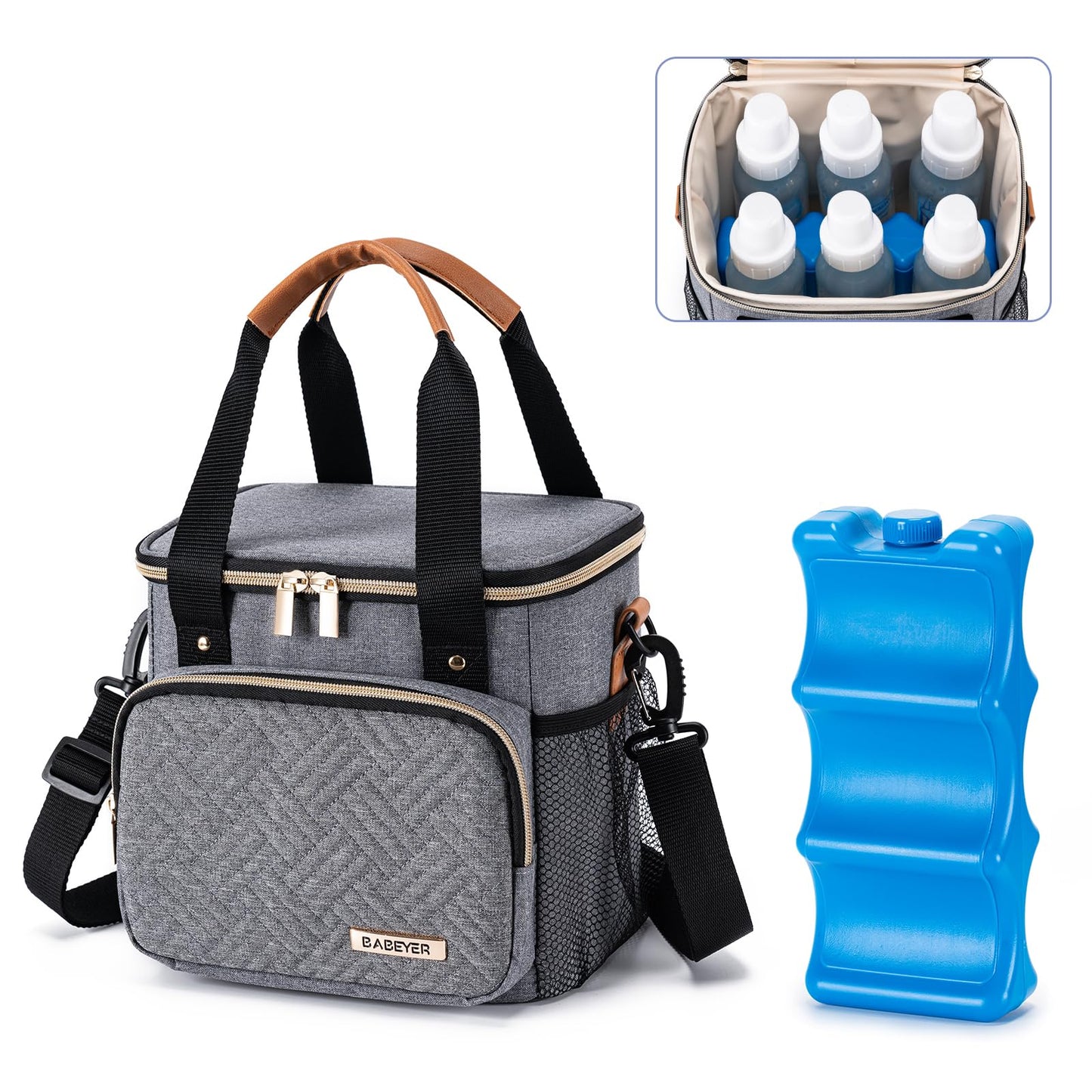 BABEYER Breastmilk Cooler Bag with Ice Pack Fits 6 Baby Bottles up to 9 Ounce, Breast Milk Pump Cooler Bag for Nursing Mom Daycare, Work, Travel-Grey