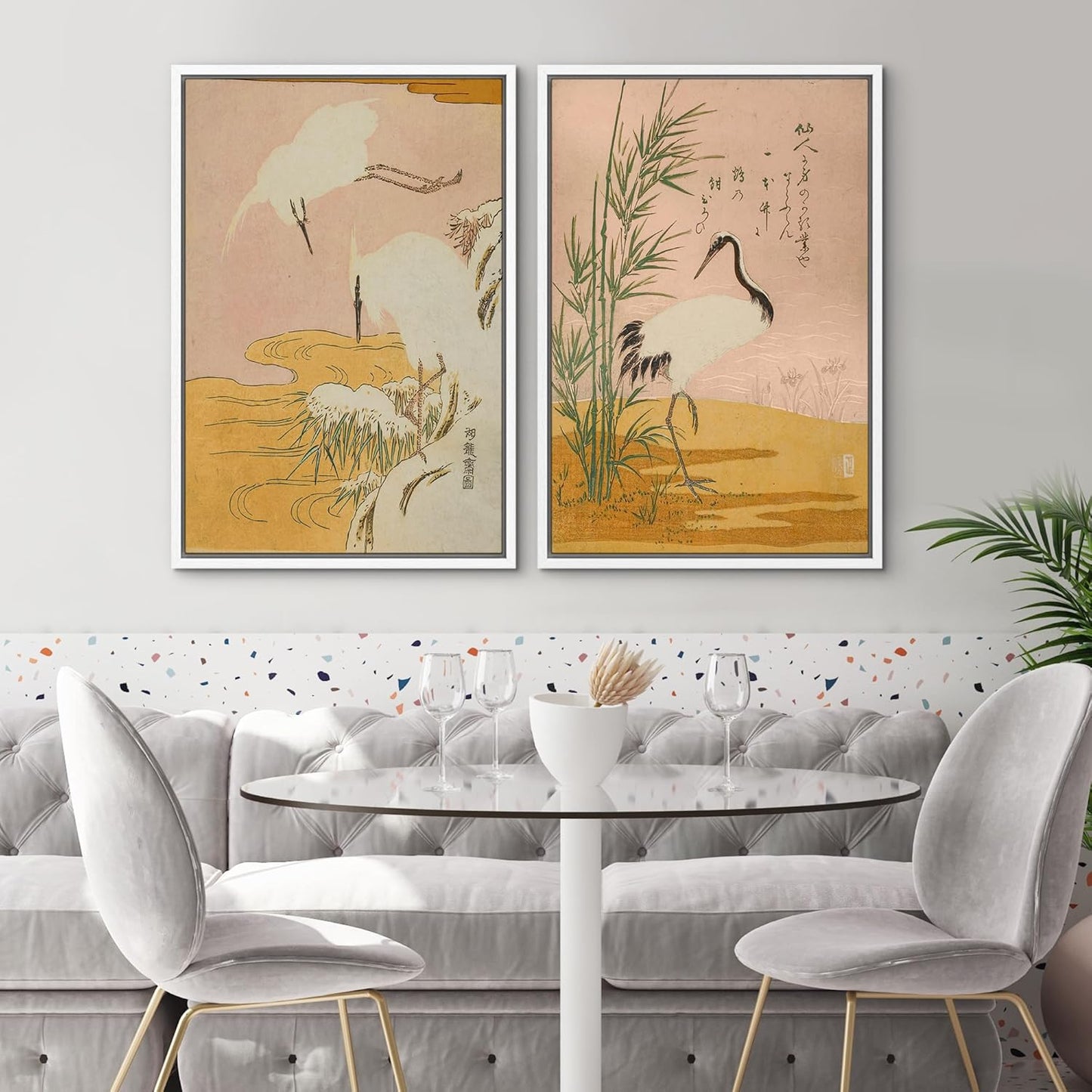 SIGNWIN Framed Canvas Print Wall Art Set Japanese Crane Vintage Style Bird and Bamboo Illustrations Modern Art Rustic Minimal for Living Room, Bedroom, Office - 24"x36"x2 White