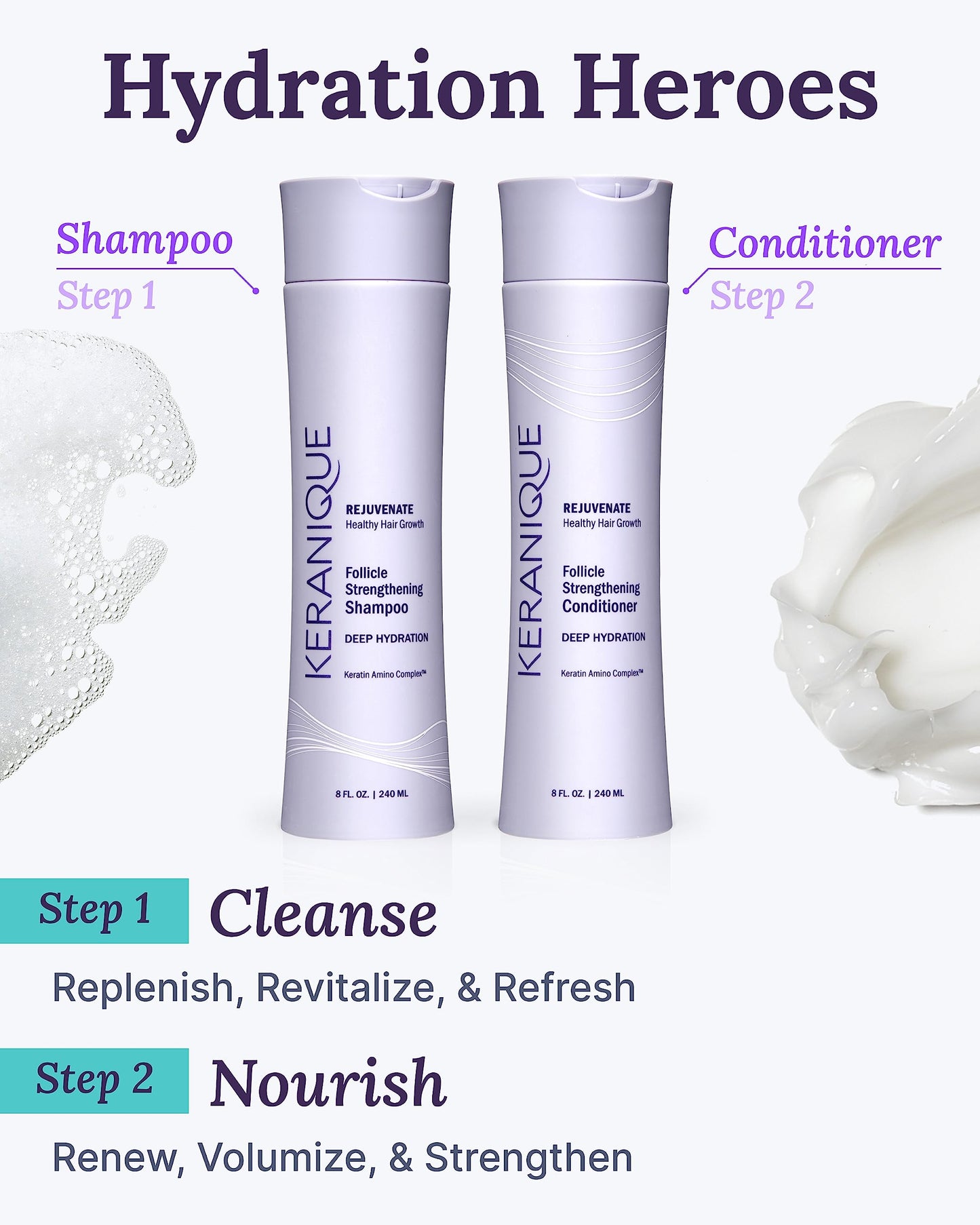 Keranique Hydrating Shampoo and Conditioner Set - Deep Hydration Hair Shampoo and Conditioner for Repairing Natural Moisture wit