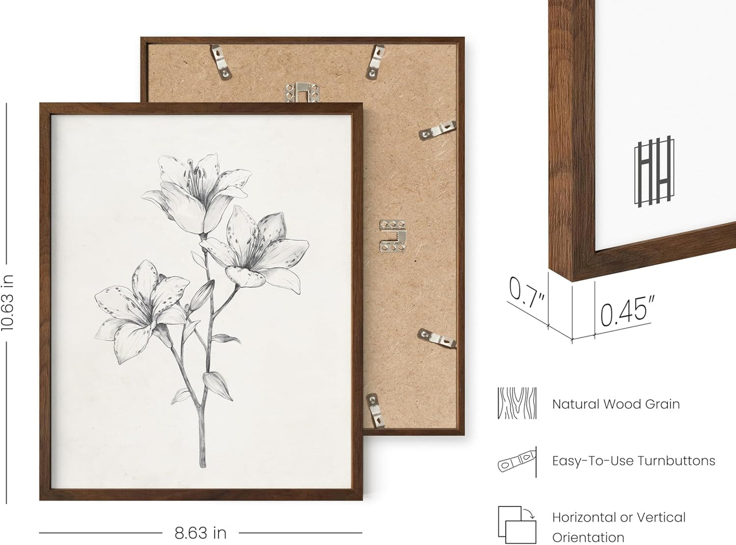 HAUS AND HUES Grey Floral Wall Art - Set of 4 Plant Posters for Wall Vintage, Botanical Prints, Black and White Flower Pictures for Room Aesthetic, Farmhouse Bathroom, Rustic Art (Walnut Frame, 8x10)