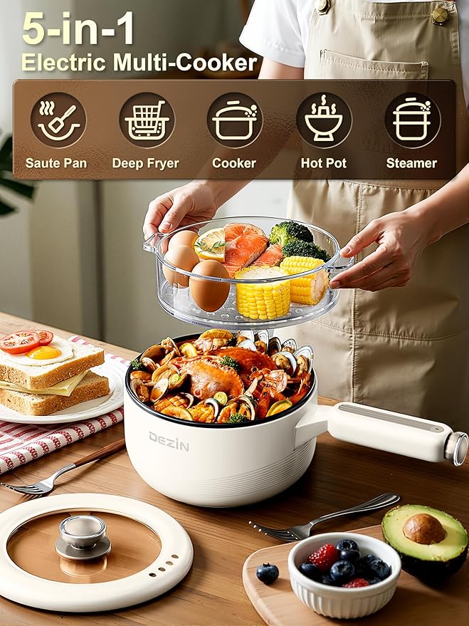 Dezin Electric pot with Steamer, 2L Non-Stick Sauté Pan, 5-in-1 Multifunctional Hot Pot Electric for Steak, Fried Rice, Oatmeal, Soup, Dual Power Control, Portable Pot for Dorm, Office & Small Kitchen