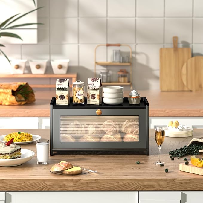 Bread Box for Kitchen Countertop, Vintage Wooden Counter Breadbox, Bamboo Bread Storage Container Bin for Homemade Bread, Small Farmhouse Corner Breadbox Organizer with Acrylic Window, Black