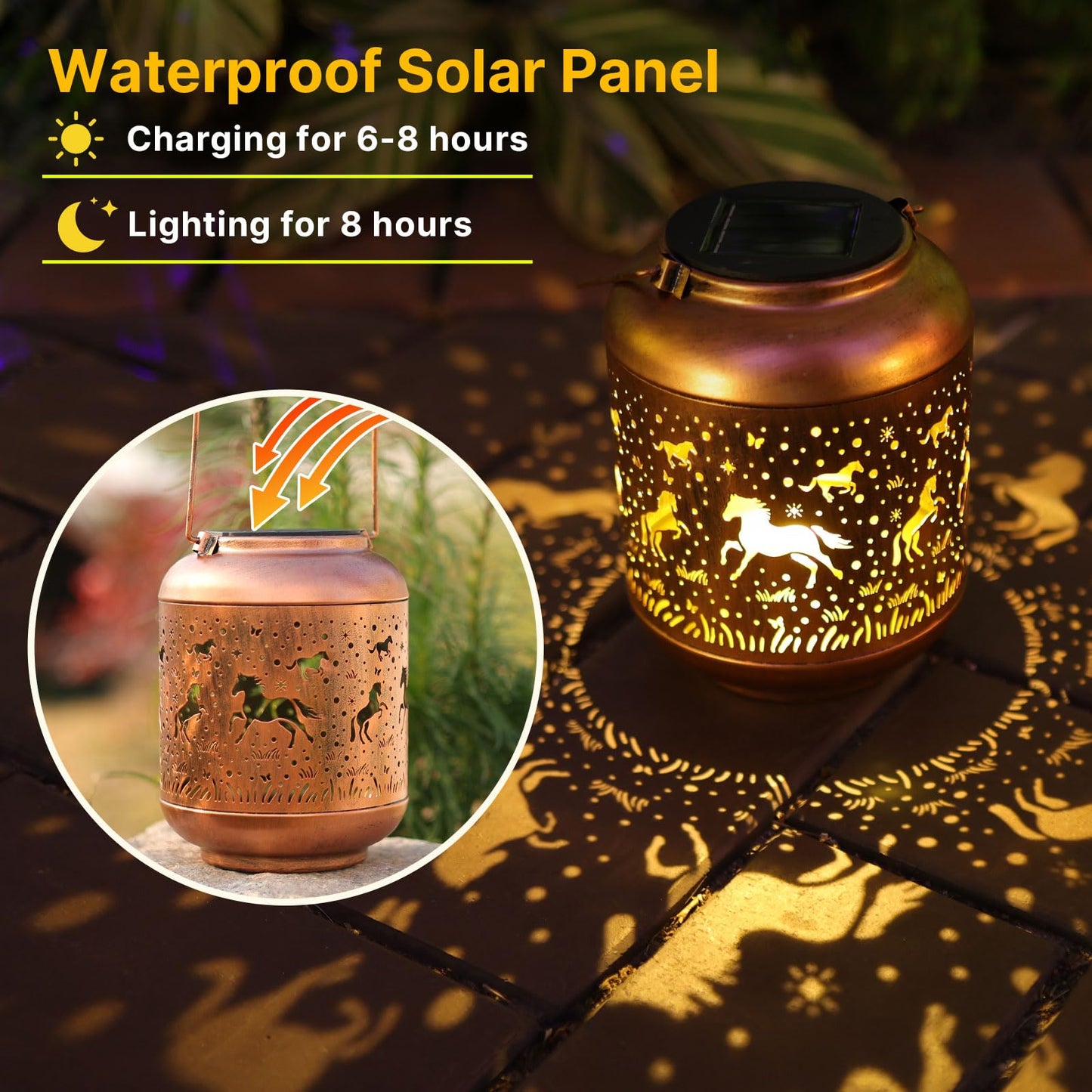 Gr8Gardens Horse Solar Lanterns Outdoor Metal Decoration, Waterproof Red Copper Hanging Lights for Yard, Porch, Patio, Pathway