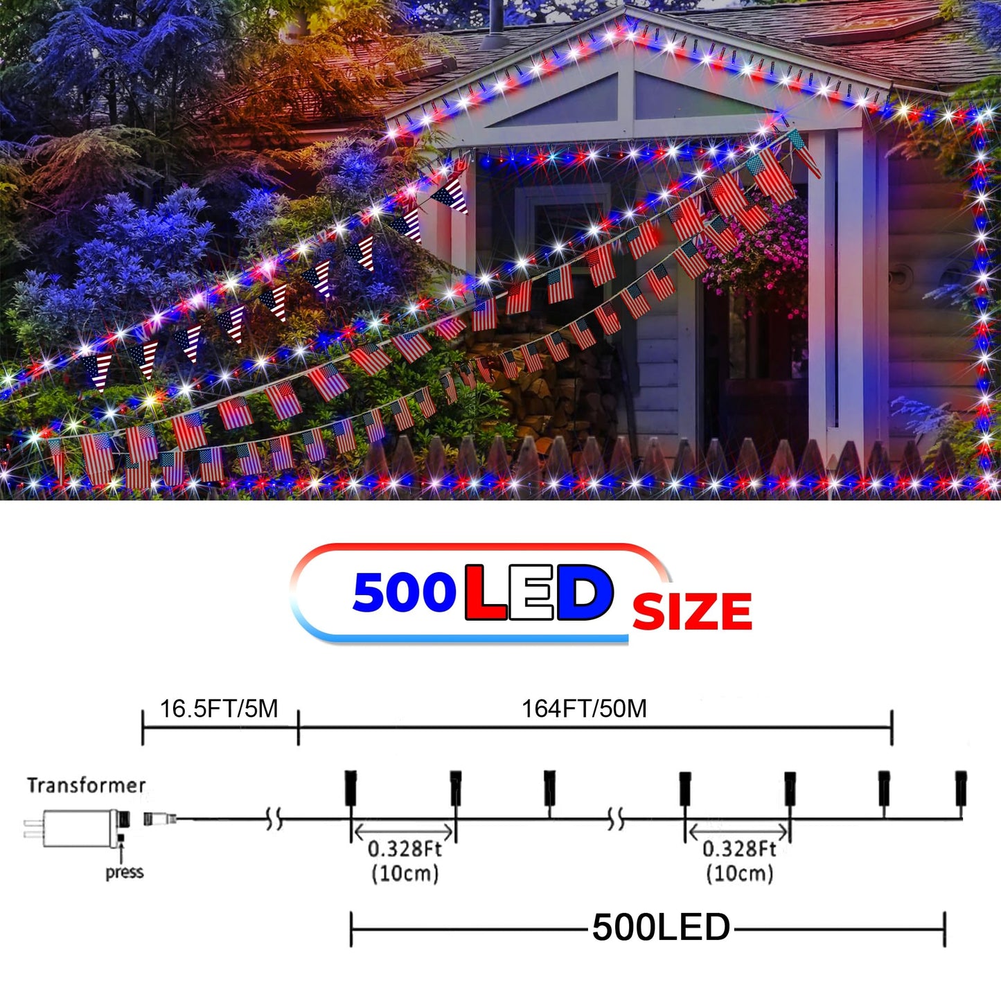 kemooie 500 LED Outdoor String Lights, Waterproof, 8 Modes, Red White Blue, Model HB-500COI