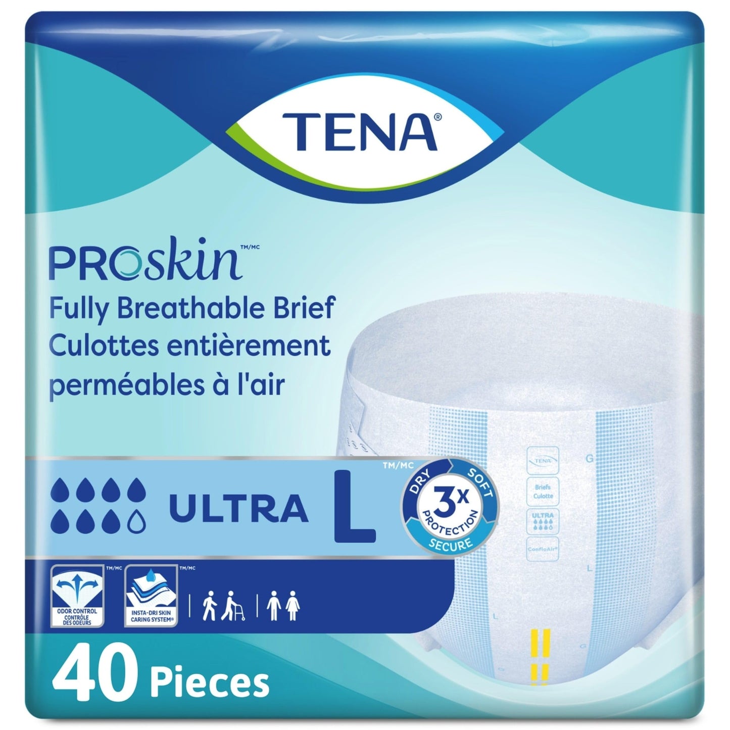 TENA Ultra Breathable Briefs, Incontinence, Disposable, Heavy Absorbency, Large, 40 Count, 40 Packs, 40 Total