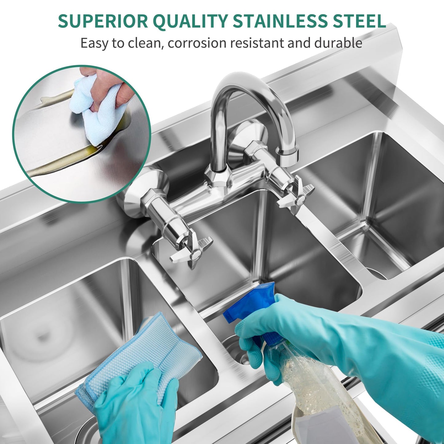 YITAHOME Utility Sink 3 Compartment Stainless Steel Freestanding Bar Sink NSF Commercial Sink for Restaurant, Laundry, Garage, Workshop Sink with Legs, Outdoor (39"x18"x37")