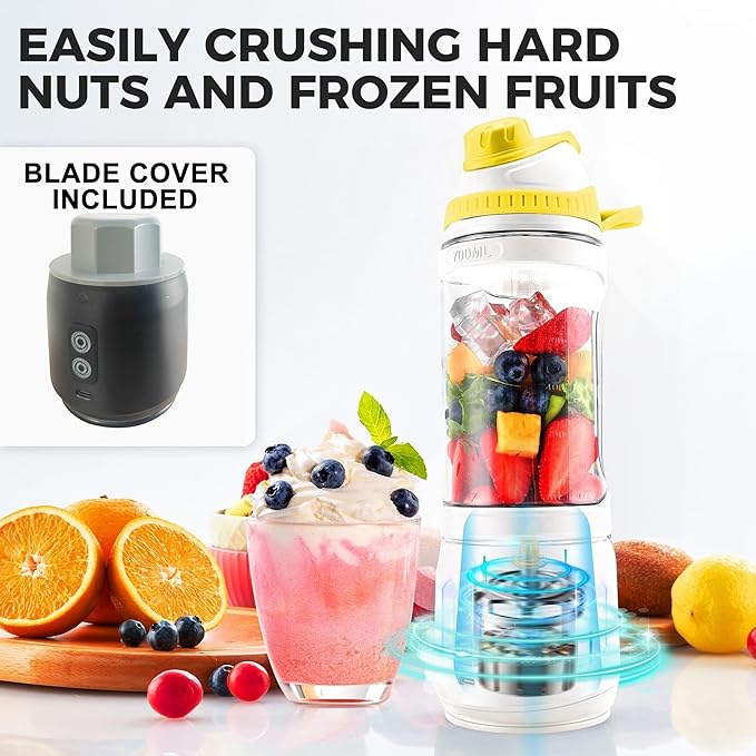 Portable Blender, Anti-Jamming 300 Watt for Shakes and Smoothies, 24oz Travel Blender USB Rechargeable, BPA Free Sporty bottle with a Travel Lid. (Black Base Grey Lid) (White Base Green Lid)
