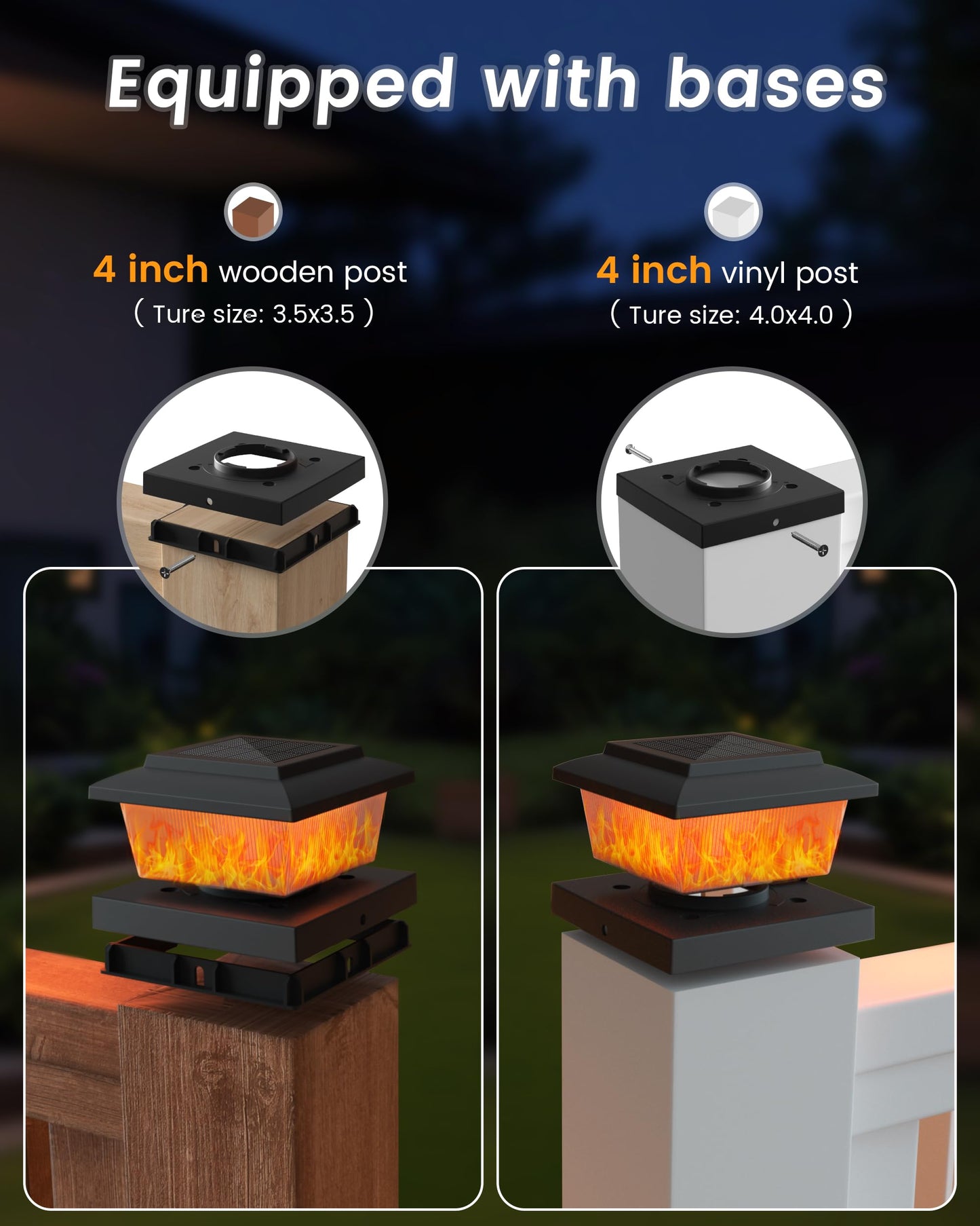 Volisun Solar Fence Post Cap Lights 6Pack  Black Solar Deck Cap Flame Light Outdoor Waterproof  High Brightness Flickering Flame Smd Led Lighting  For 4X4 Wooden/4X4 5X5 Vinyl Post