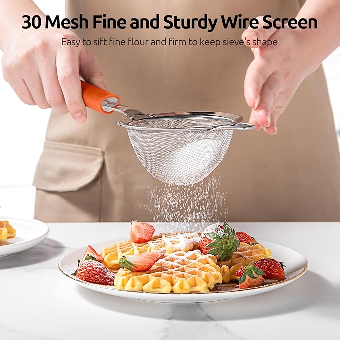 U-Taste Fine Mesh Food Strainer: 18/8 Stainless Steel 30 Mesh Kitchen Sieve with Sturdy Riveted Silicone Handle, Heavy Duty Deep Handheld Metal Colander (Small/3.35in+Medium/4.73, Orange)