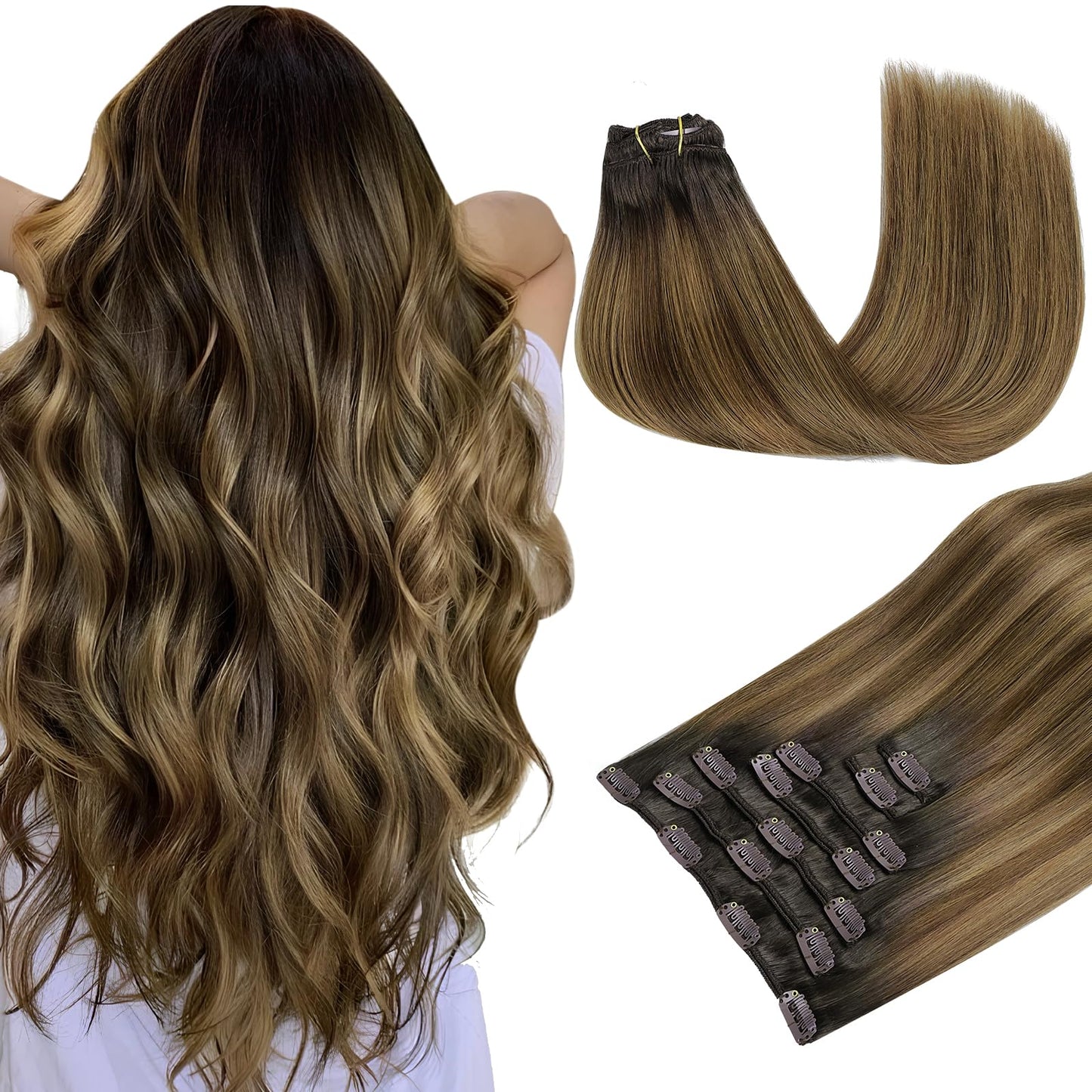 MAXITA Clip in Human Hair Extensions, 7PCS 120g Ash Dark Brown to Light Chestnut Brown, 16 Inch Straight Hair for Women