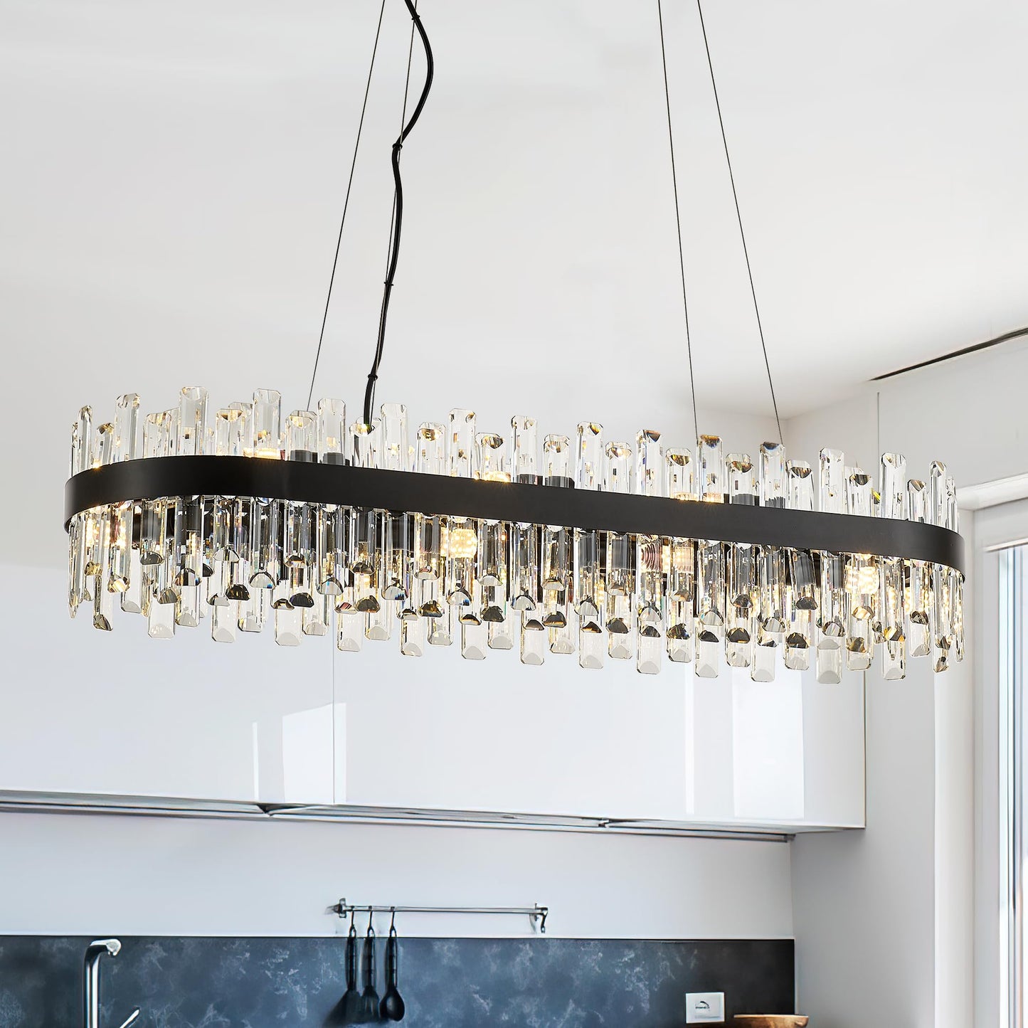 Lighceac 39 Modern Black Rectangle Crystal Chandelier Light Fixtures For Kitchen Island stylish Linear Crystal Chandeliers For Dining Room 16-Light Long Hanging Pendant Lighting For Entryway Foyer Bar