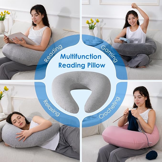 QUEEN ROSE Reading Pillow for Gaming, Lap Desk Pillow for Sitting in Bed or Sofa, Compact Arm Support Pillow for Reading, Playing or Crocheting, Cooling Grey