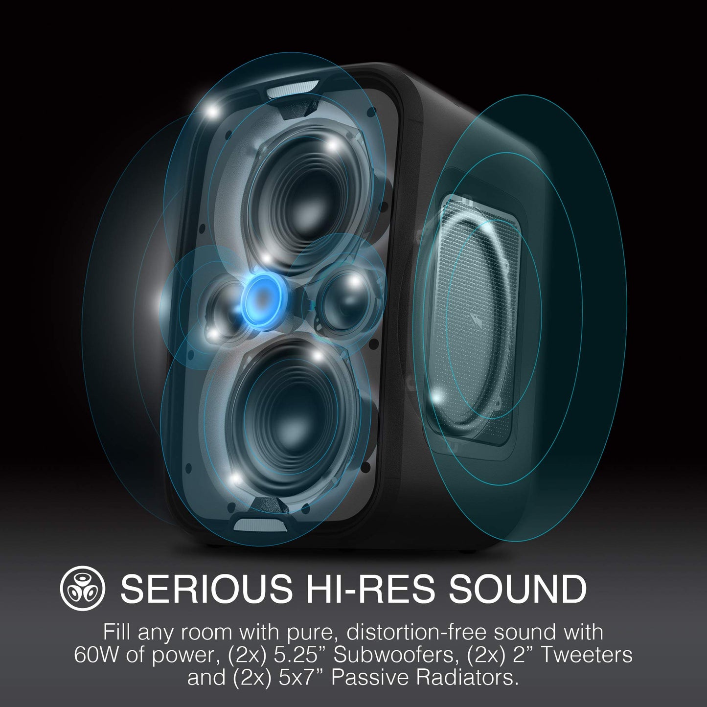 Brookstone Bluetooth Speakers, IPX5 Waterproof Outdoor Speaker, Portable Bluetooth Speaker with LED Light Show, 60 Watt RMS Speaker, Wireless Charging Pad for Smartphone, Connect Multiple Speakers