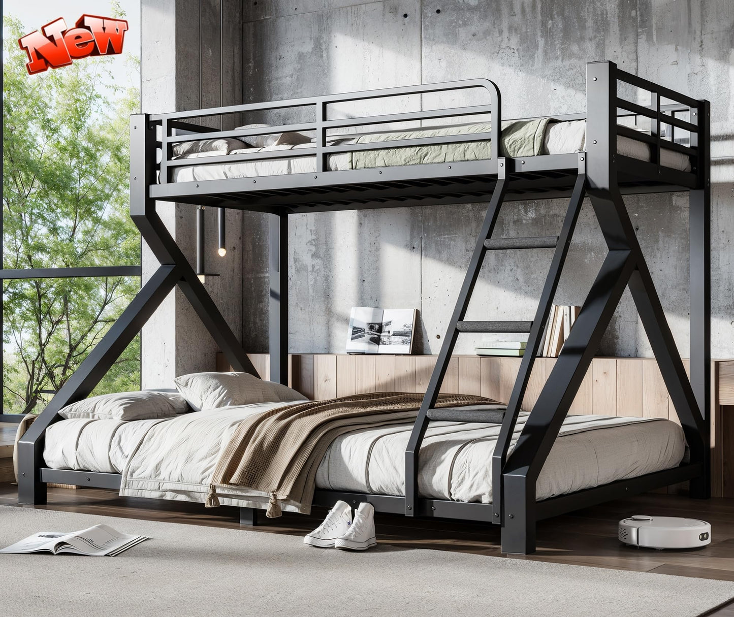QLUSAN Latest Upgraded & Stronger Heavy Duty Metal Twin XL Over Queen Size Bunk Bed, Safer Thickened More Stable Bunkbed (Greater Weight Capacity) (Twin XL Over Queen (A),Black)
