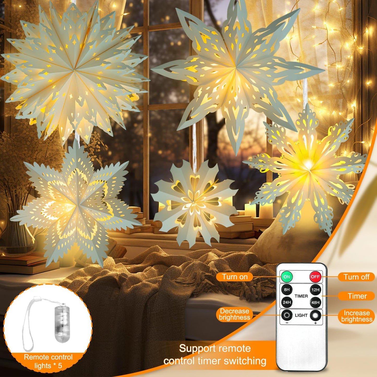 5 Pack Christmas Paper Snowflake Lanterns  Christmas Paper Star Lantern With Led Light White Hanging Lamp Ornaments For Xmas Tree New Year Winter Frozen Weddings Birthday Holiday Party Decorations