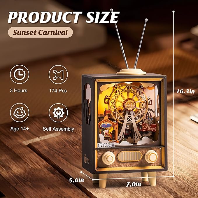 ROBOTIME Wooden Music Box 3D Wooden Puzzles for Adults Ferris Wheel Music Box Model Building Set DIY Book Nook Kit for Hobby Personalized Crafts Gift (Sunset Carnival)