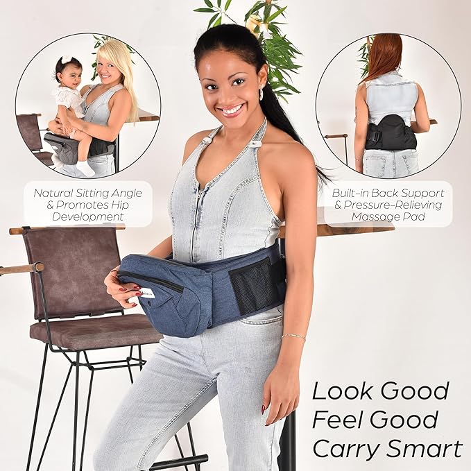 Baby Carrier with Hip Seat - with Lumbar & Back Support – Adjustable Waistband with Strong Support - Health Certified, Machine Washable, Fits Medium–Large (Black) (Grey)